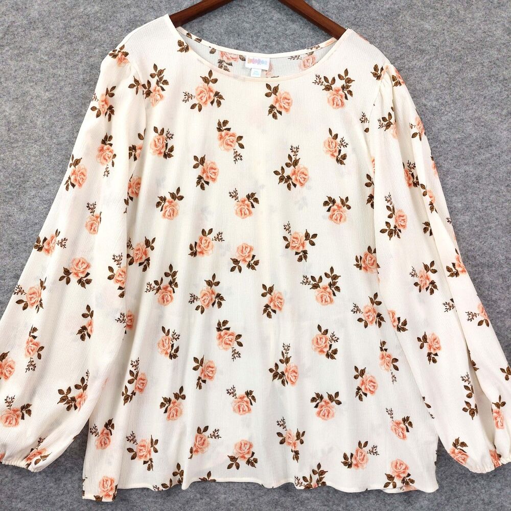 LuLaRoe Blouse Womens 2XL Cream Coral Floral Puffy Sleeve Pullover Romantic Top